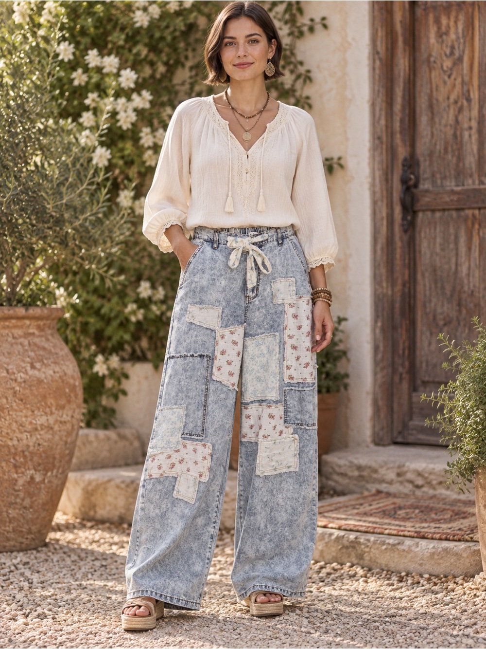 H010 New Pol L W17-19 Boho Patchwork Light Wash Denim Jeans Pants Floral Accent